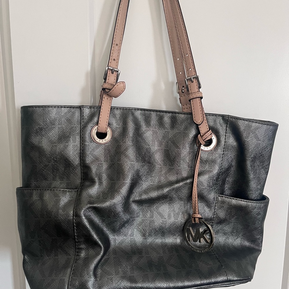 Michael Kors Black Leather Tote with Silver Hardware